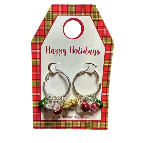 Christmas Hypoallergenic Holiday Hoop Earrings With Festive Bells Beads - Picture 2 of 6